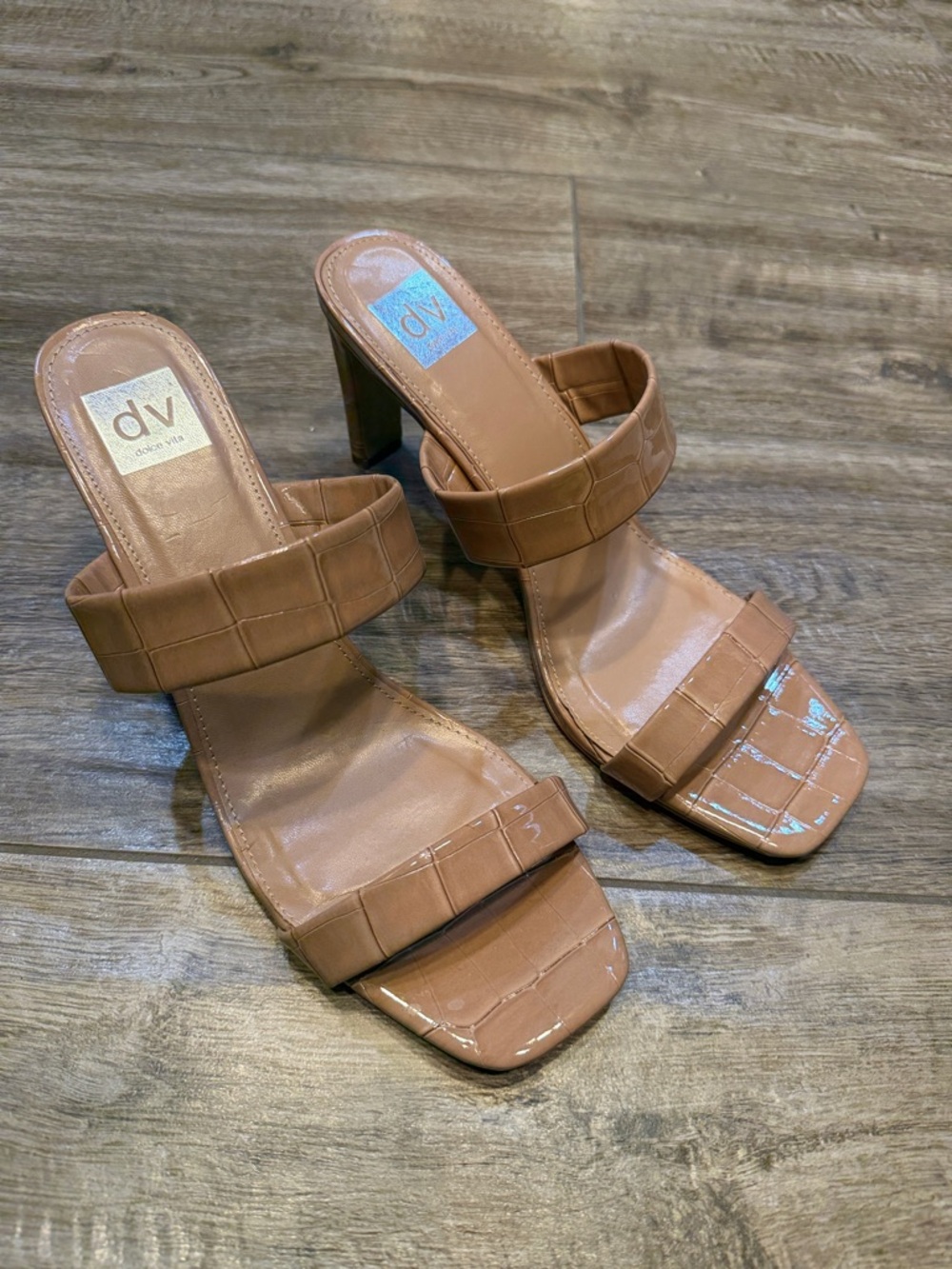 DV by Dolce Vita SELSTA Croc-Embossed Tan Two-Strap Mule Heels Sz 12